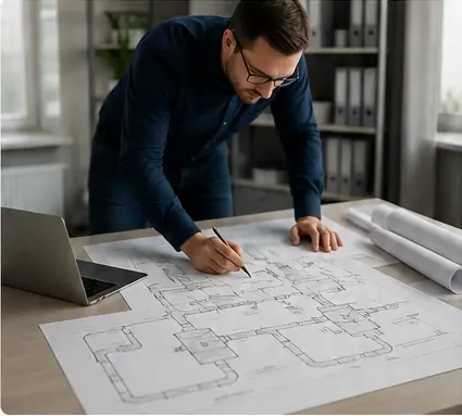 Specjalista analizujący schemat instalacji odpylania przemysłowego